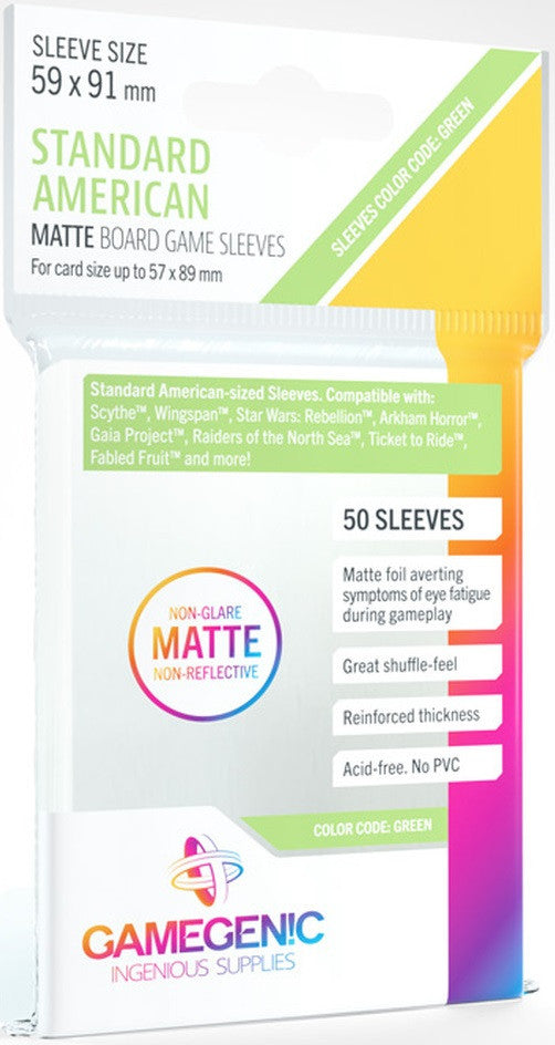 Gamegenic Matte Board Game Sleeves - Size Code GREEN - Standard American Sized (59mm x 91mm) (50 Sleeves Per Pack)